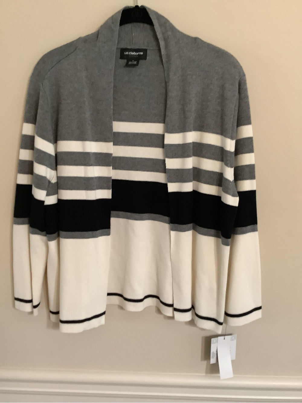 Liz Claiborne Gray, Black & White Striped Open Cardigan